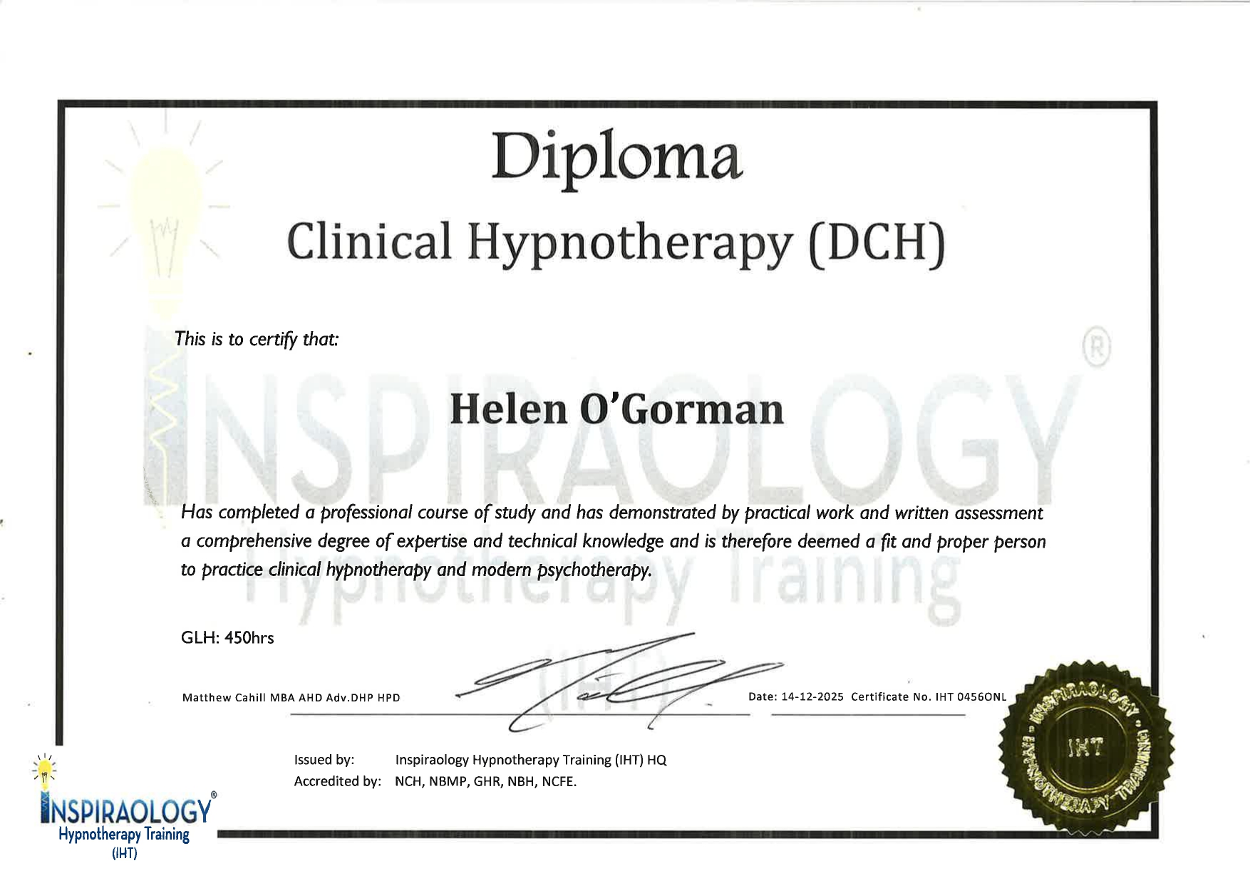 Diploma certificate for Helen O'Gorman